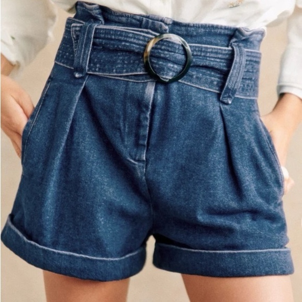 Sezane Dark Blue High-Waist Denim Shorts with Round Buckle Belt